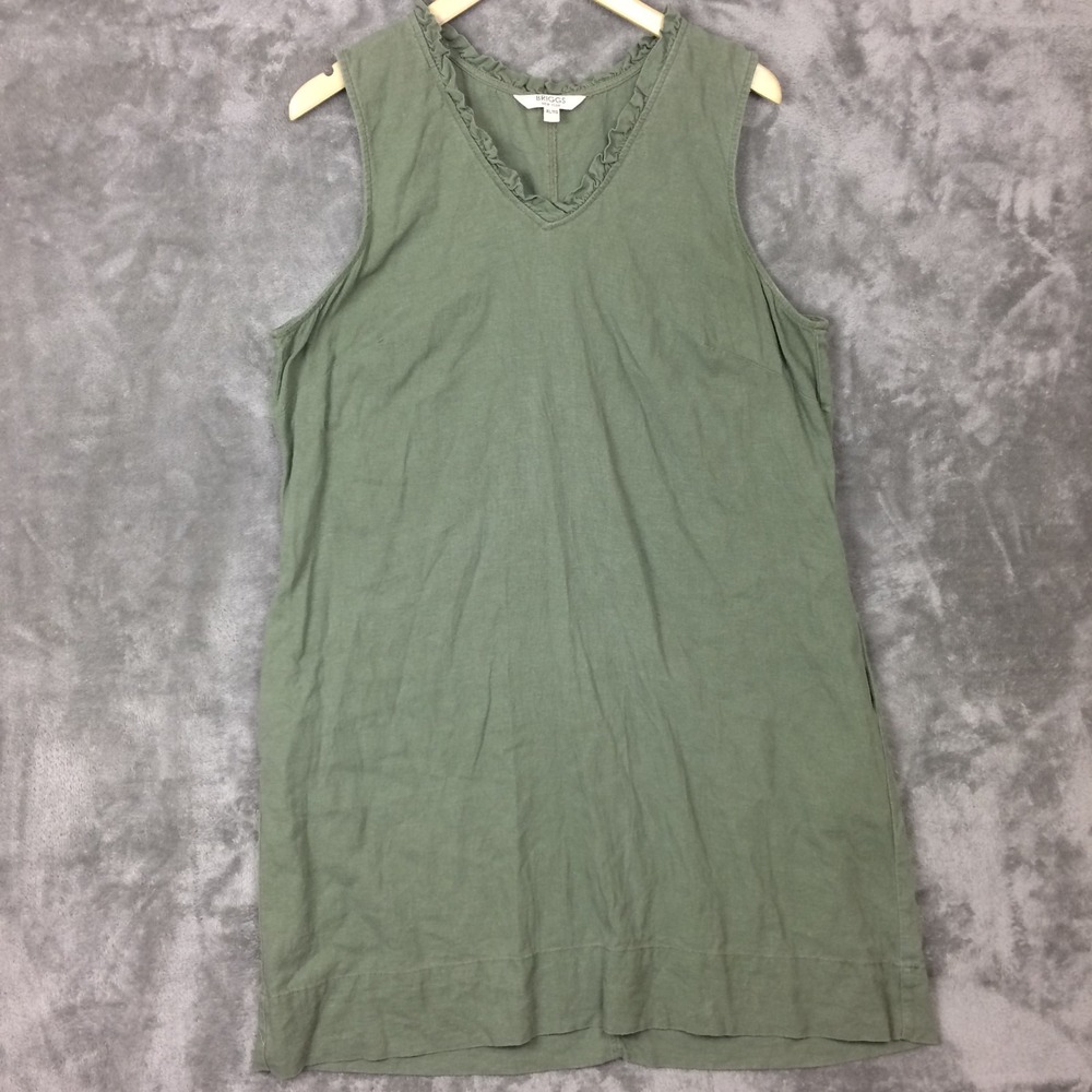 Briggs Dress Womens XL Linen Blend Green Sleeveless Ruffle V-Neck Pockets Beach